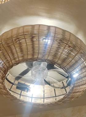 美式无品牌/复吸顶藤艺风扇灯纹木色隐古形客厅餐厅卧复古室吊扇