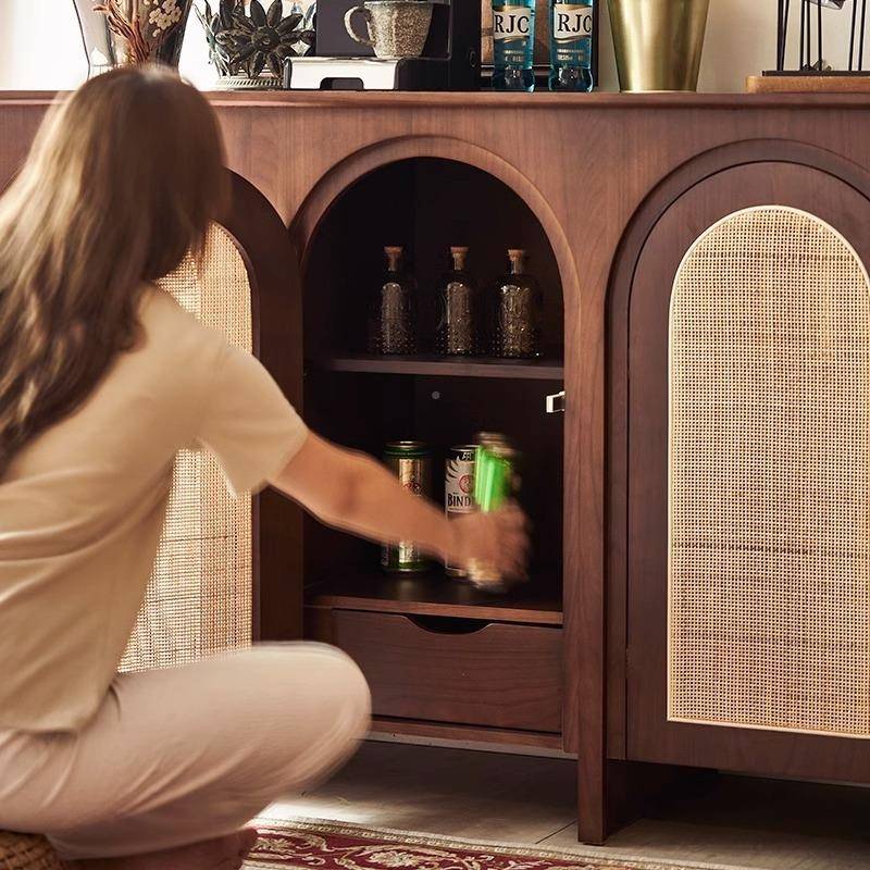法式复古餐边柜实木藤编家用储收纳ZZC玄茶柜关中古风靠墙拱形物