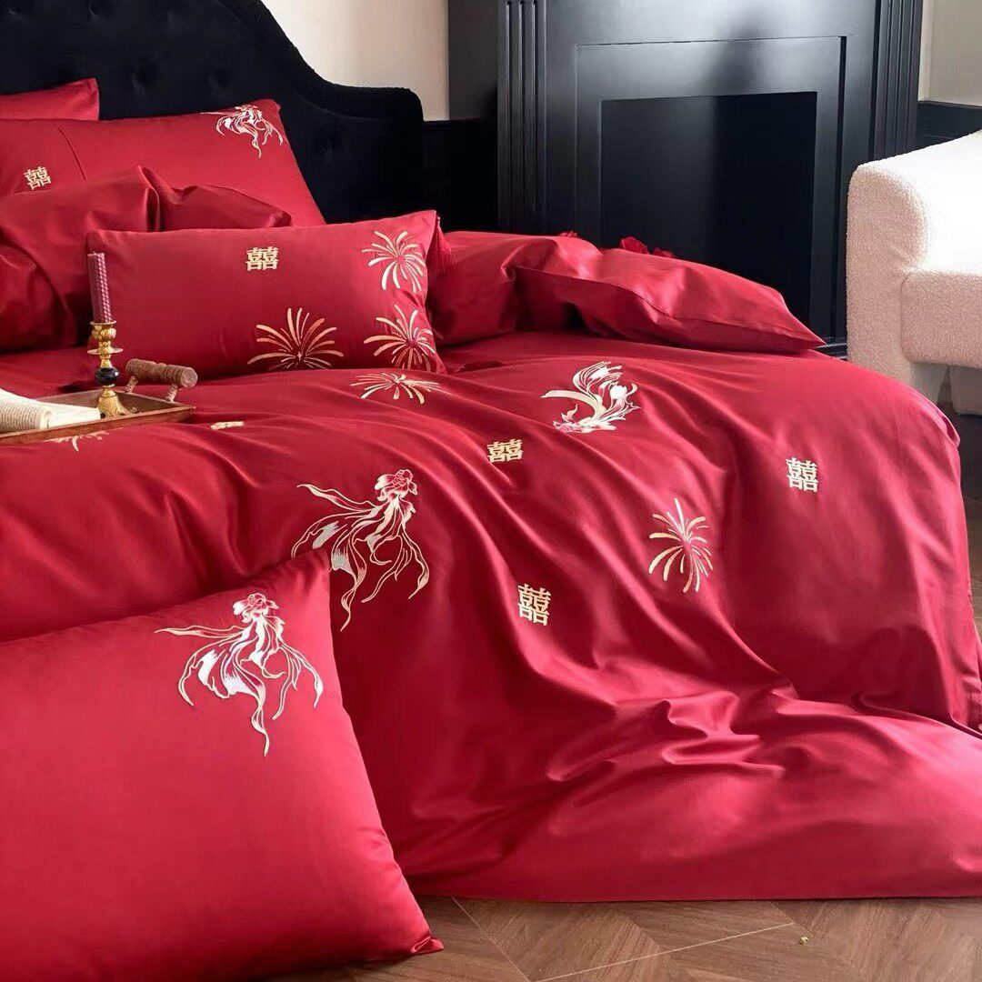 新中式纯棉婚庆四件套大红色全棉结婚床上4件套婚嫁喜被婚房床单