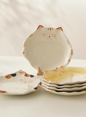 V45O白屿EEU日系家小盘手绘釉下彩品用盘菜盘甜盘猫咪猫盘子和风