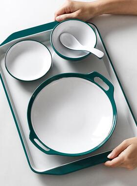 仿密胺墨绿白色盘子用瓷猪脚饭双拌面套餐创意盖饭料NAW理双商耳