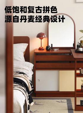 复古实木柜台一体斗小户型梳妆台家用化妆妆桌卧室转梳角OHT柜梳