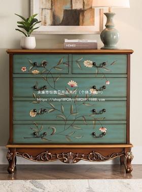 箔彩绘家美式地中海蓝色实木5具斗柜做旧雕LBU金花储物装饰柜柜整
