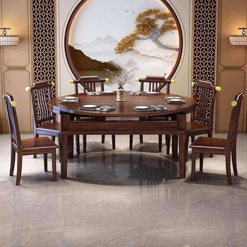 全实.木餐桌方桌变圆家用小户型1WXCZ.0065米新中式乌金木伸缩圆