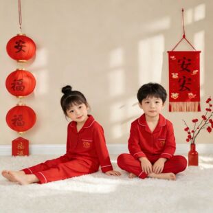 睡衣春秋男童纯棉红色长袖开衫马年男孩儿童中大童套装新年家居服