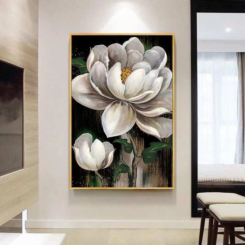 油画白牡丹十字绣2024新款线绣客厅竖版玄关餐厅自己绣手工小件