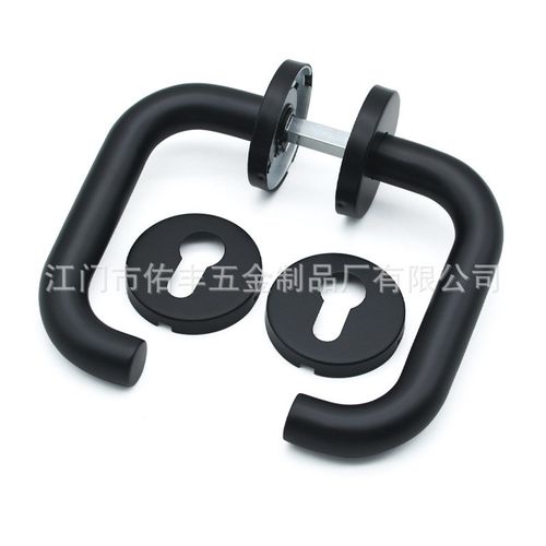 304不锈钢圆盖双弯门把手 哑黑色 欧标防火门执手 分体羊角门拉手