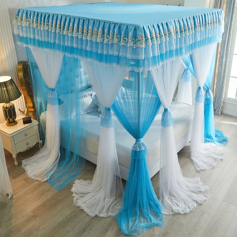 三开门落地双层纱宫廷蚊帐加密不锈钢方顶落地加粗公主风床帘