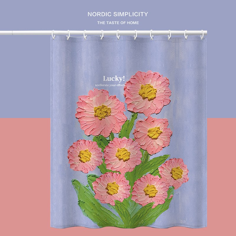 插画风景防水浴帘免打孔洗澡遮挡布卫生间厕所干湿分离不透人门帘