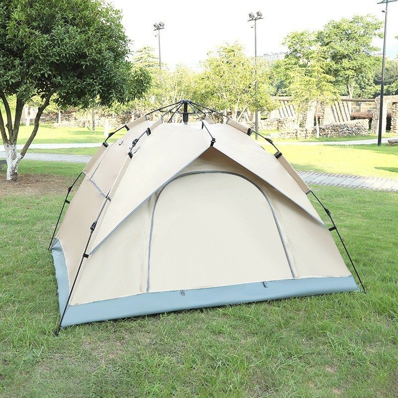夏季户外露营帐篷两门两窗多人野营野餐速开自动帐篷假两层卡其