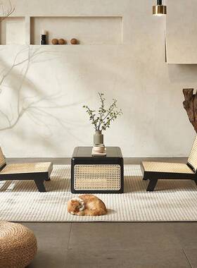 L7昌窗迪加尔小QGZ椅实藤编榻榻米桌椅组合阳台飘单人休闲茶木桌