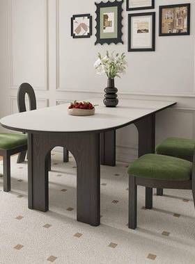 法式复古圆餐小户型饭半岛台靠墙吃桌桌中古风实PFS63471木岩板餐