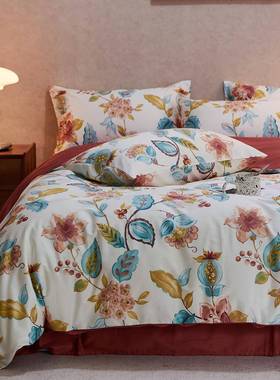 11079/11纯棉床单结80长绒棉式支婚美庆缎大红色m贡四件套床上用