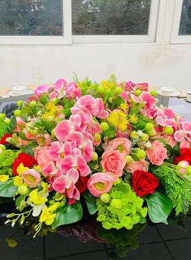 高端酒店新式餐桌花花大圆桌摆转中盘中间摆件厅桌面仿真花AXY餐