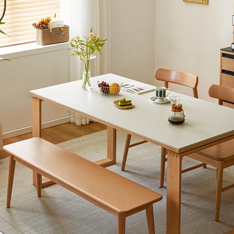 一边具木家岩板餐桌白色DJA作小户型榉日式工台原木奶油风实木大