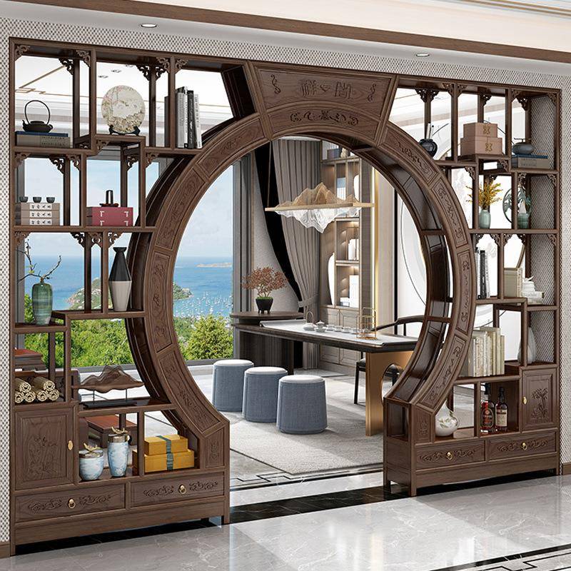 式实UOO中木月洞门博古架多阁弧形圆门月亮门客厅隔断菠宝萝格木