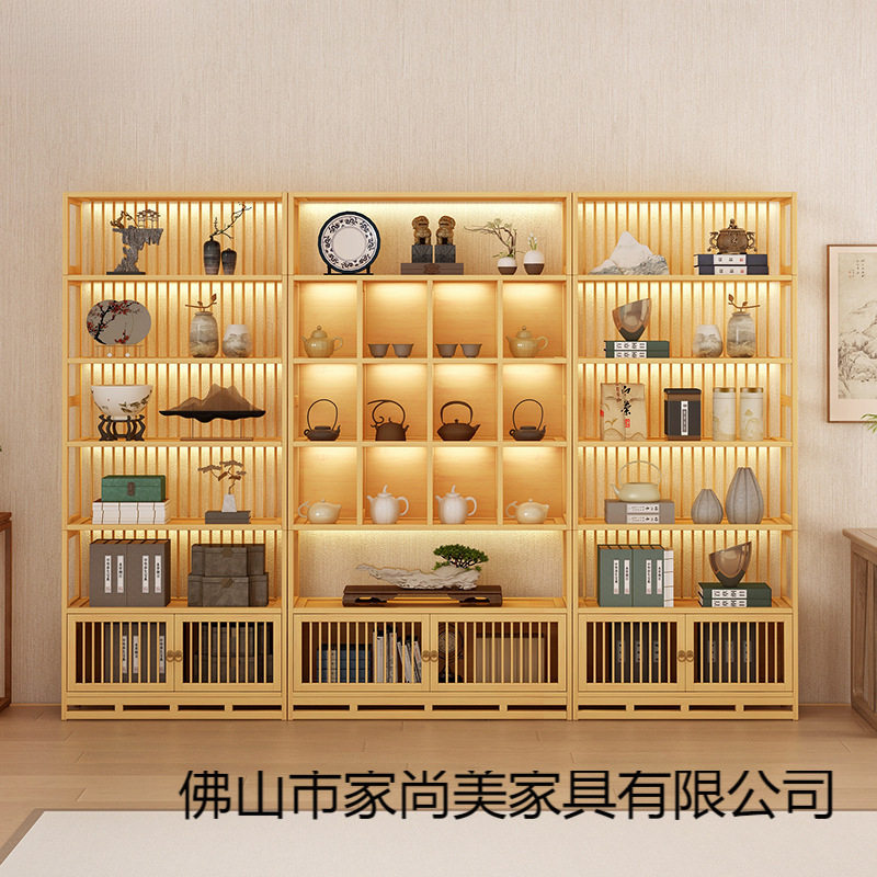 日式博古架背条楠竹书柜储物多宝阁置物架茶室背景展示柜兴采蓝
