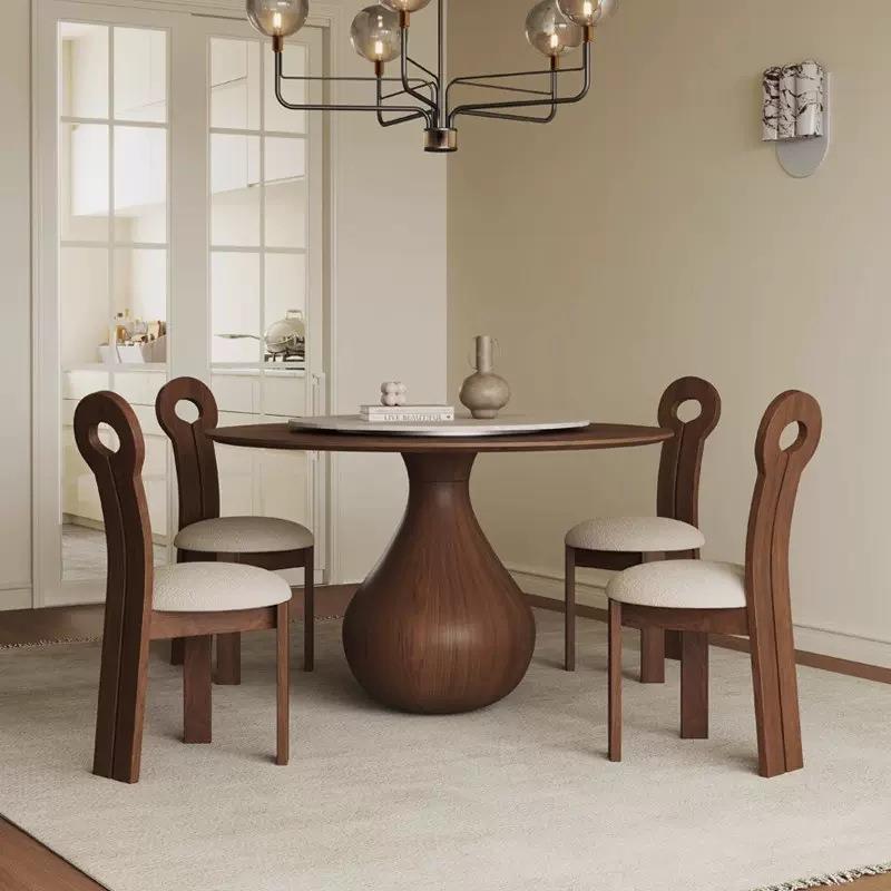 法式复古实木圆桌家PRL用小板餐户型岩圆形饭桌黑胡桃木圆桌椅组