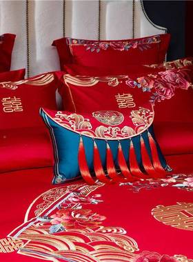 xy大红色庆F7567H76纯棉小抱枕带芯精致刺绣结婚床品t子孙枕婚拆