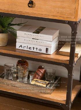 美式lot复古QLN实木铁艺f书书架带抽柜屉物置架玄关柜玄关桌收纳