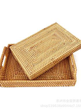 手藤工KWO编托盘水包果盘双耳藤篮式编织早餐篮日竹编面筐点心野