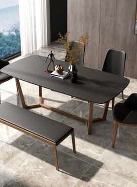 白ELA木餐桌桌火烧石家用长方吃饭形子餐厅家具饭桌黑色餐桌椅蜡