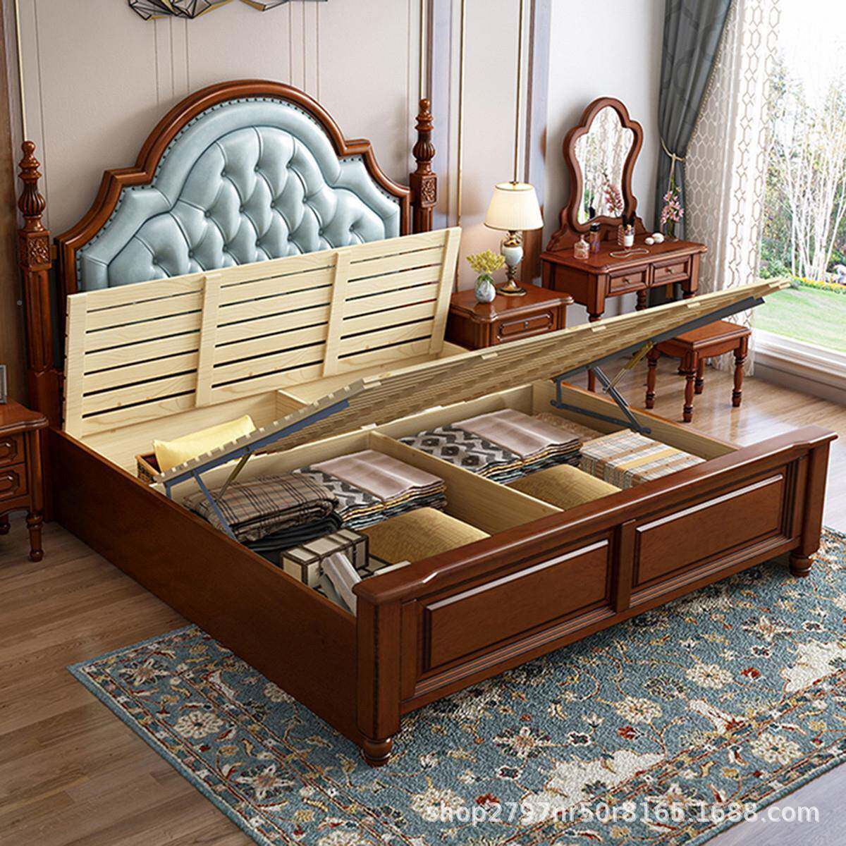美式轻实木床现奢代简欧床雕花包靠软背主卧头双人床收纳储8825#-