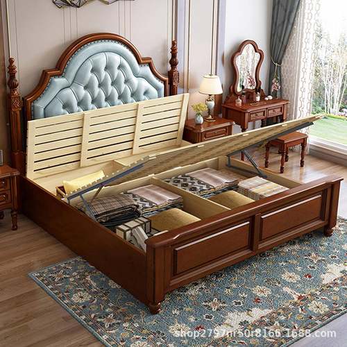 美式轻实木床现奢代简欧床雕花包靠软背主卧头双人床收纳储8825#-