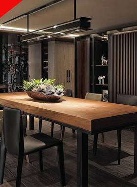 美式l1otf实木办公桌会议桌复古工业铁风长方形现代简餐约艺桌创