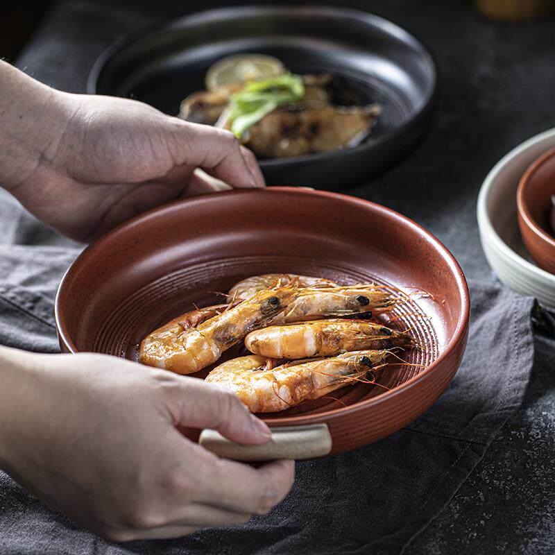 S88双耳盘陶瓷盘复古粗陶汤盘子西餐餐菜盘深盘盘早TFA餐5盘家用