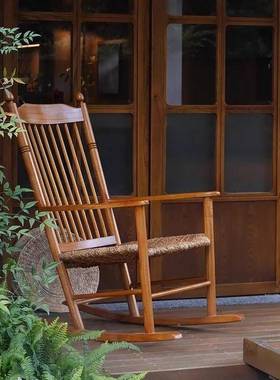 古实木摇椅家用阳台复PPE遥椅休宿闲躺椅逍绳编高靠背扶手民摇摇