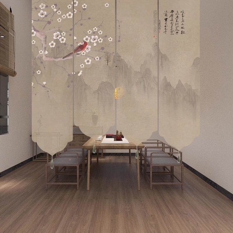 新中式山水水画拉式降卷帘电动升办公墨室窗帘遮阳屏风隔卷断2223