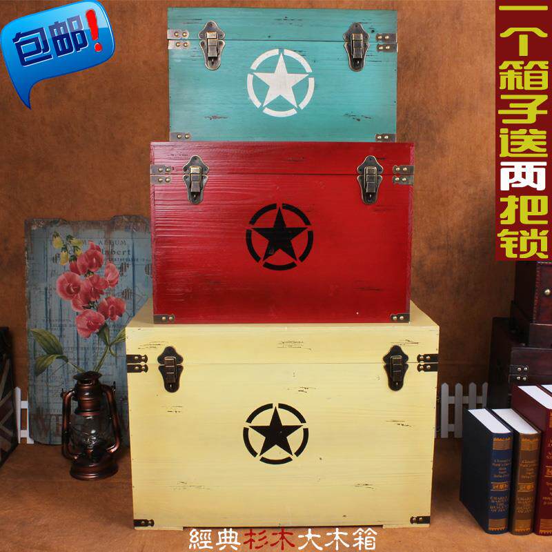 V45O老式古大号工具复储物收箱纳箱锁70老旧木箱木头带仿古子百