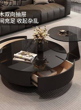 2代025新高茶端黑色玻璃几款客TTK厅家用极简轻奢现简约黑色圆形