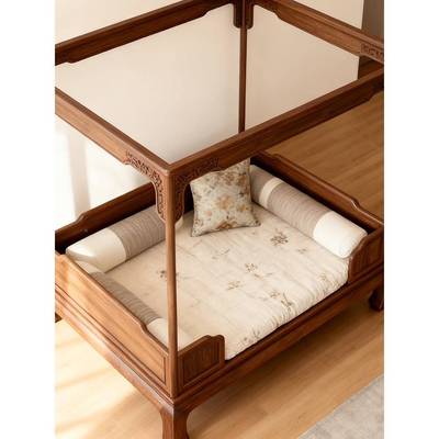 新中式风美黑子胡桃实木架子床1.8m?双人架90床北主卧雕花四柱架