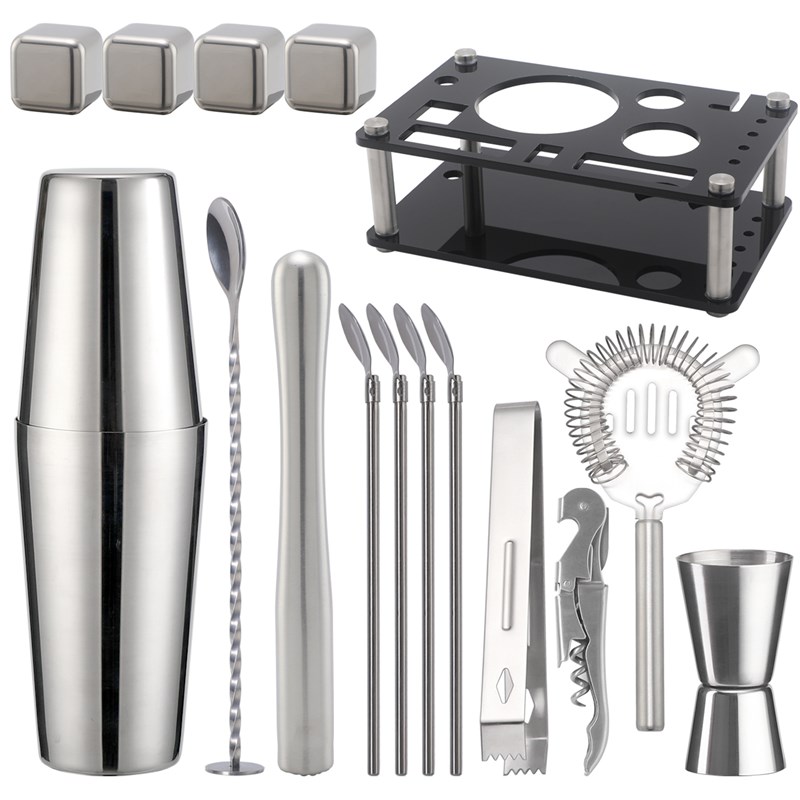 鸡尾酒调酒器16件套黑色亚克力冰粒吸管勺全钢碎冰棒套装酒吧工具
