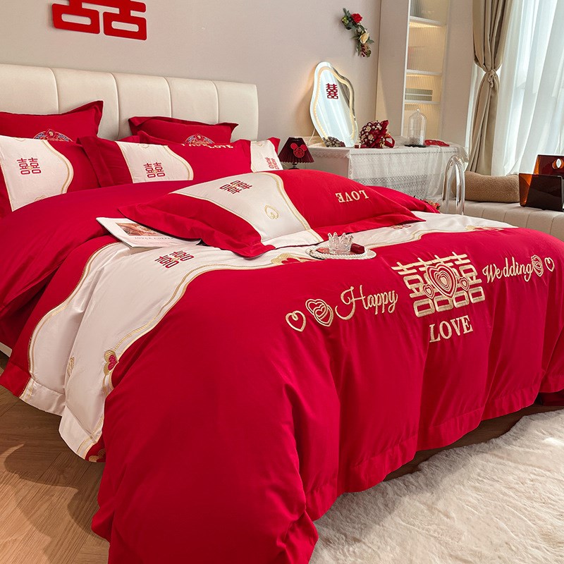 结婚四件套喜庆红色全纯水洗棉磨毛亲肤棉被套新婚庆陪嫁床上用品