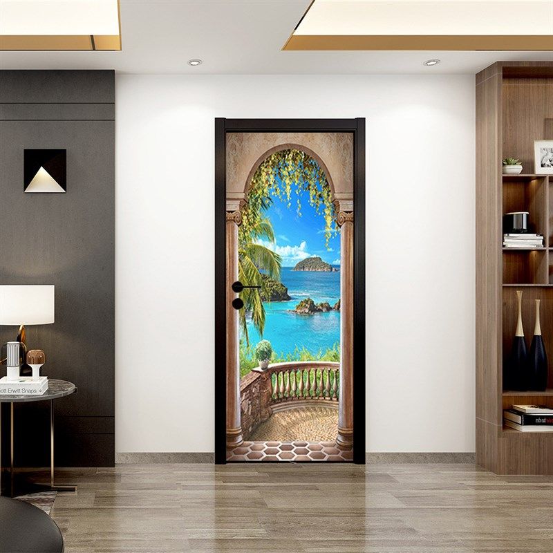 尚易露台3D海景入户门衣柜装饰墙贴可移除浴室翻新厂家门贴纸,家居饰品,软装墙贴,淘宝优惠券,粉丝福利购,淘宝优惠卷