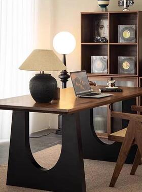 实木餐桌胡桃木客大长书桌工作台大板餐书色一体会议桌办公94374