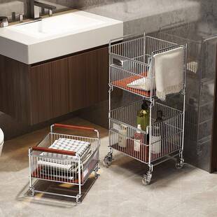 ?中古铁艺动脏衣家用衣双层脏衣篓分区带轮可移推车脏篮服F$px}^l