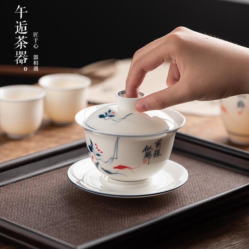 手绘羊脂号玉悬停N盖碗陶瓷泡单茶碗白瓷悬浮大个三才敬碗茶茶具