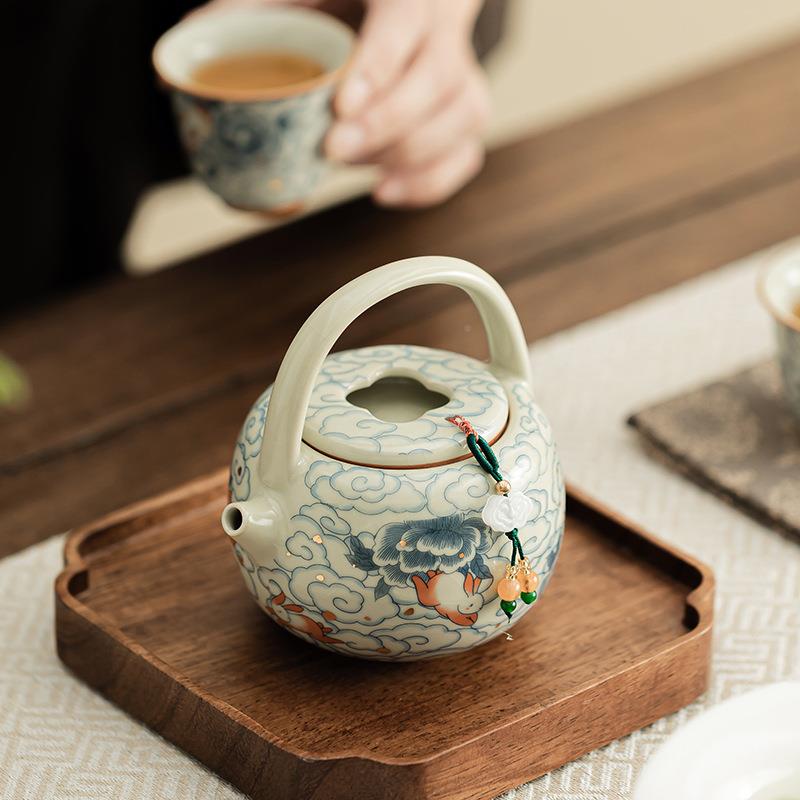 祥瑞兔福气提单85505794梁壶窑陶瓷茶云壶过滤壶汝家用泡茶壶开片