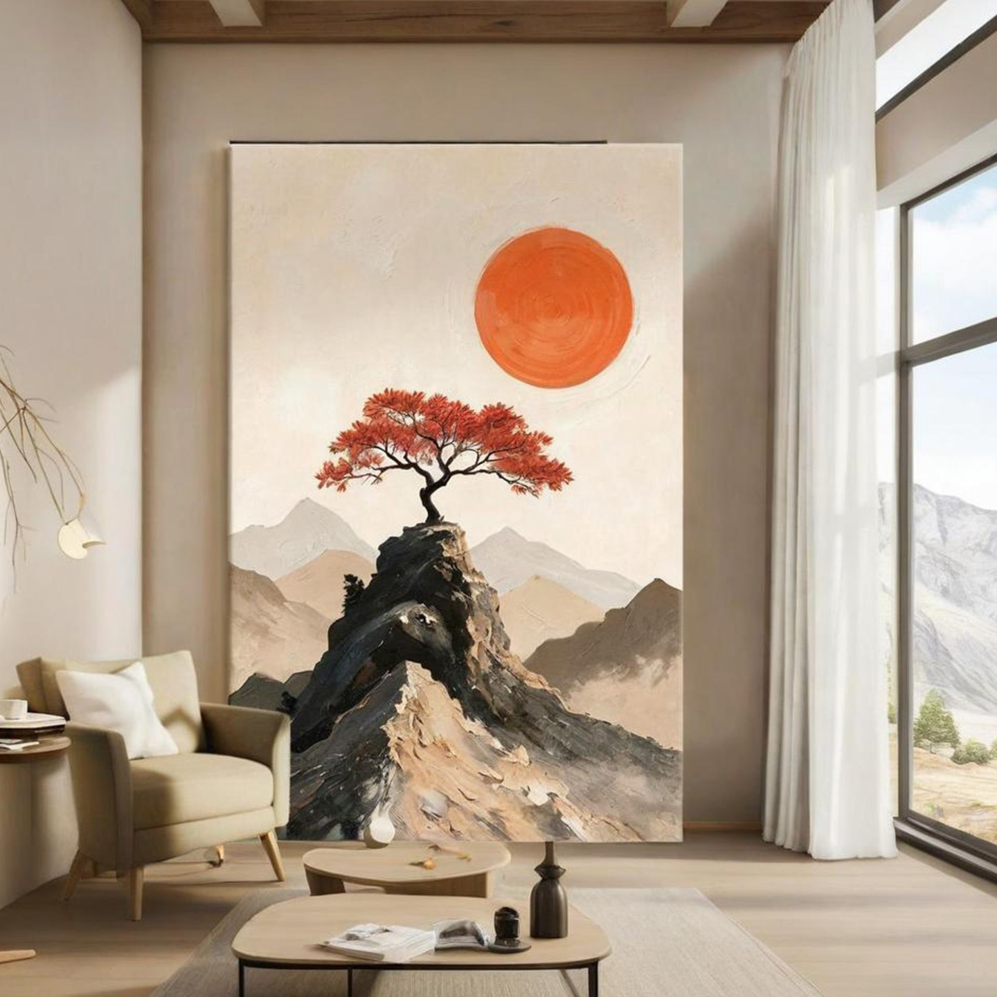 新中式日出东方客厅肌理装饰画高山大树风景玄关挂画抽象卧室壁画