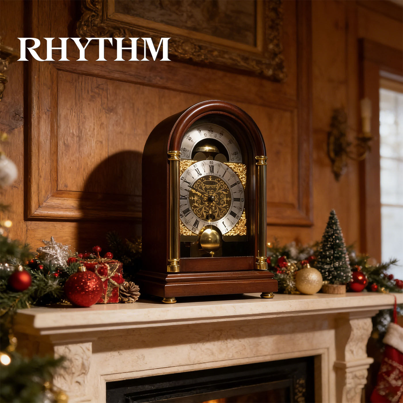 RHYTHM丽声座钟实木欧式机械钟复古客厅台钟台式静音时钟桌面摆件