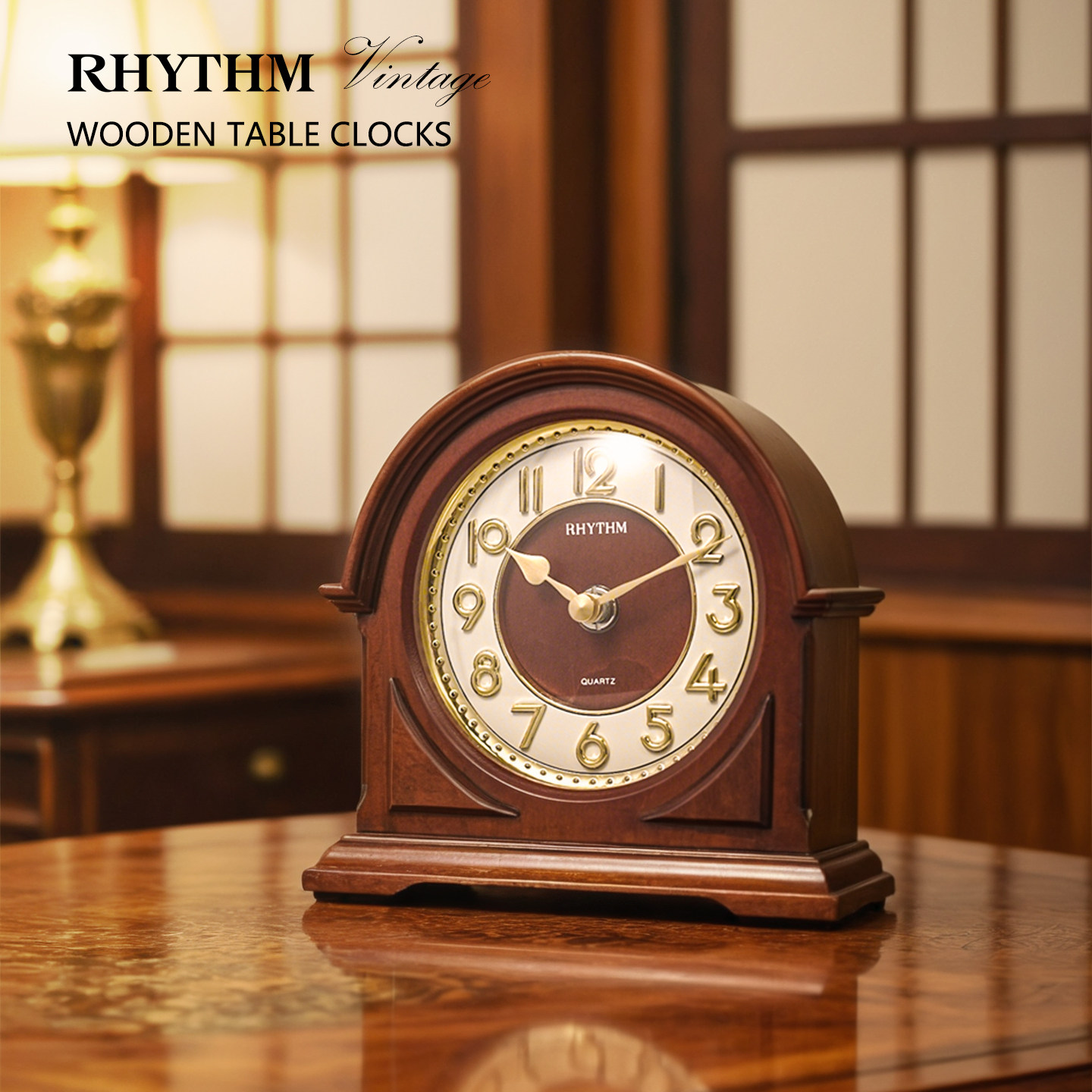 RHYTHM丽声日本实木客厅台式座钟欧式复古静音台式装饰品台钟摆件