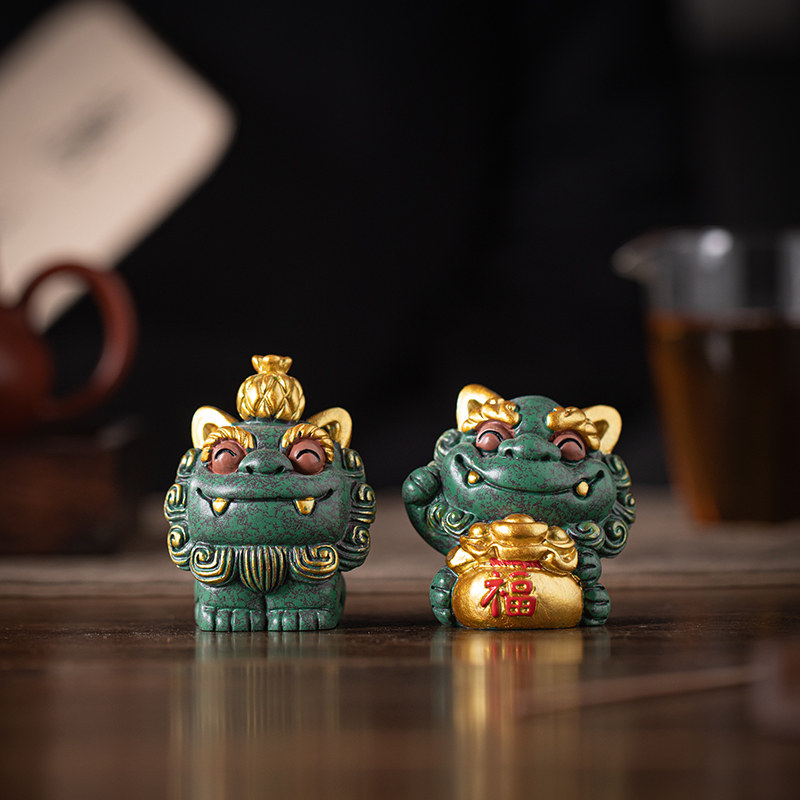 创意旺来福袋小狮子一对摆件高档礼品手绘元宝铜币风狮爷桌面装饰