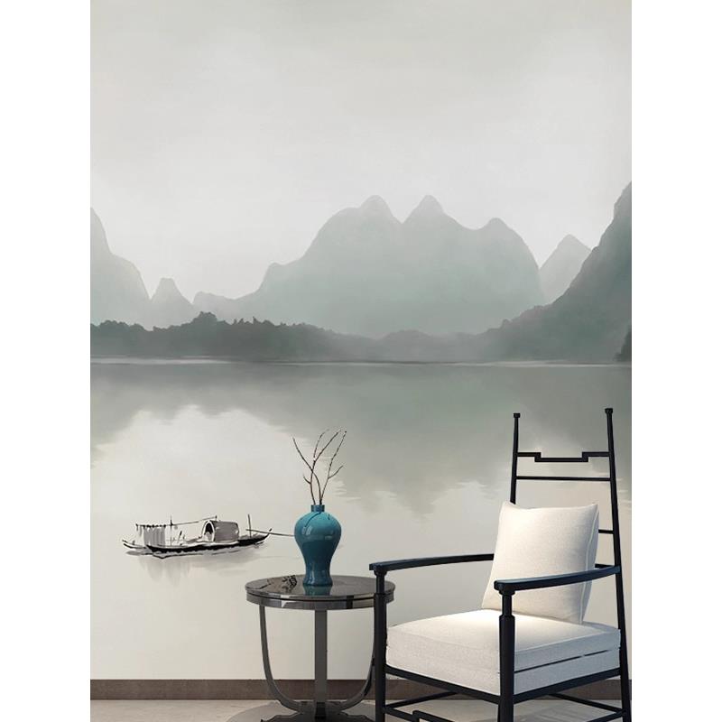 新中式水墨桂林山水壁纸江南风景壁画客厅沙发背景墙茶室自粘壁布