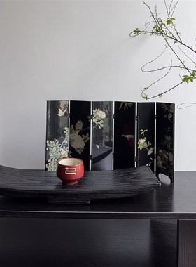 侘寂风创意陶瓷茶杯茶具套装家用客厅茶室桌面装饰小屏风托盘摆件