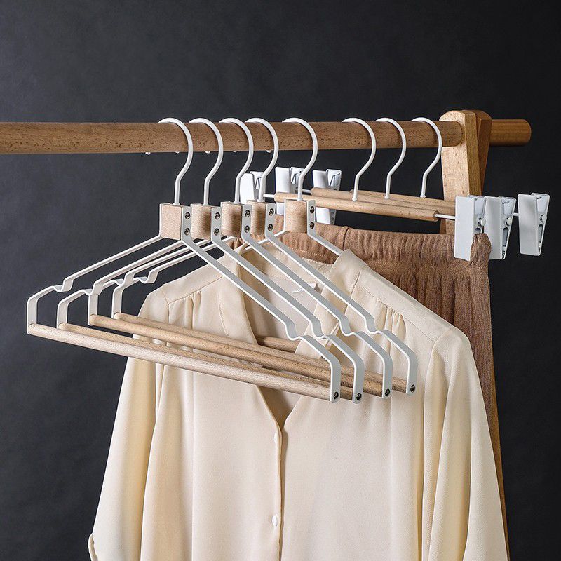 轻奢衣架家用挂衣撑铁艺镶木榉木不锈钢金属衣柜防滑衣挂