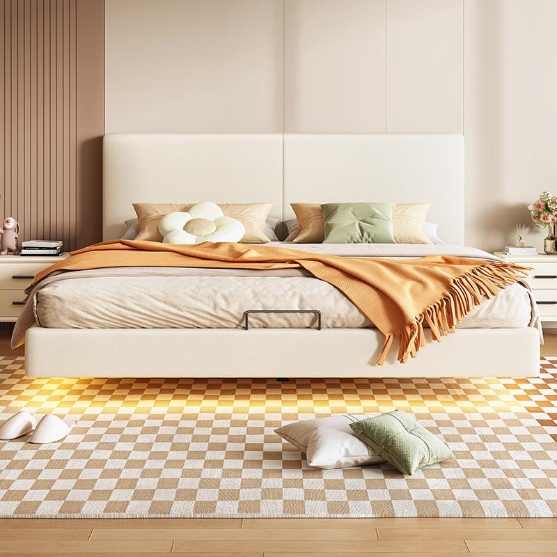 薄床悬浮床奶油PHD风主卧双人床齐尾边头燕榫排骨婚架靠背软包床